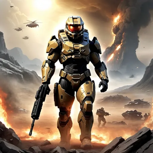 Prompt: magine prompt: A captivating Halo Reach landscape with a Spartan amidst a battlefield, fallen enemies around, smoke and fire in the background, emphasizing the Spartan's determination and bravery, detailed environment blending chaos and beauty, Illustration, digital art, --ar 16:9 --v 5