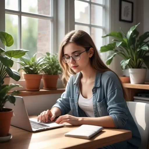 Prompt: A girl typing on a laptop, photorealistic, bright and airy lighting, vibrant colors, cozy atmosphere, high-resolution image, ultra-detailed, focused expression on her face, comfortable home setting, modern decor, sunlight streaming through a window, indoor plants, neat and organized workspace, relaxing and inviting background, HD quality