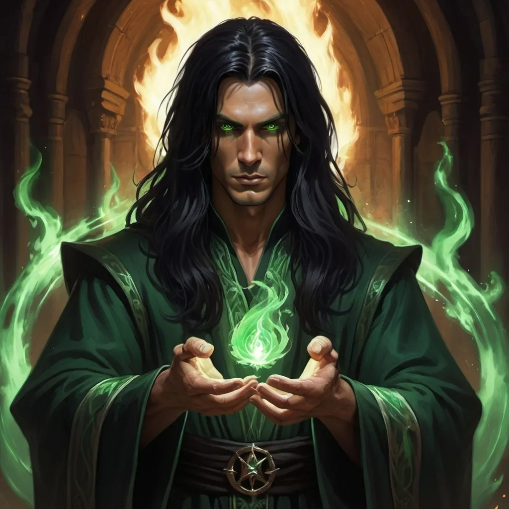 Prompt: Male sorcerer, dark robes, long black hair, dark tanned skin, pale white eyes, green flame in his hands