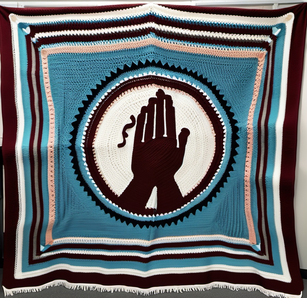 Prompt: A crocheted blanket with praying hands in the center of the blanket surrounded by stripes.