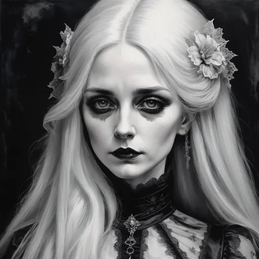 Prompt: detailed darkmoodywatercoured portrait of a gothiclady with white long hairs and a victorian dress, sharp focus,  black and white colours, masterpiece, highquality, 