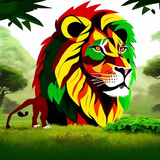 Prompt: create a lion in the jungle with red white and green colors roaring in the savanna
