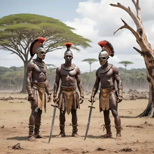 Prompt: african gladiators on a cleared  tropical field with dead trees