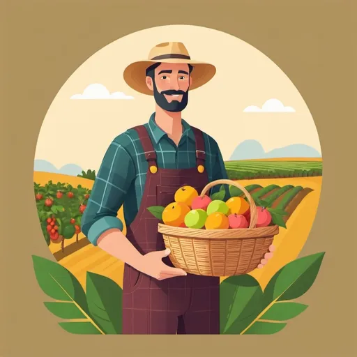 Prompt: Flat illustration of farmer holding basket of fruits 