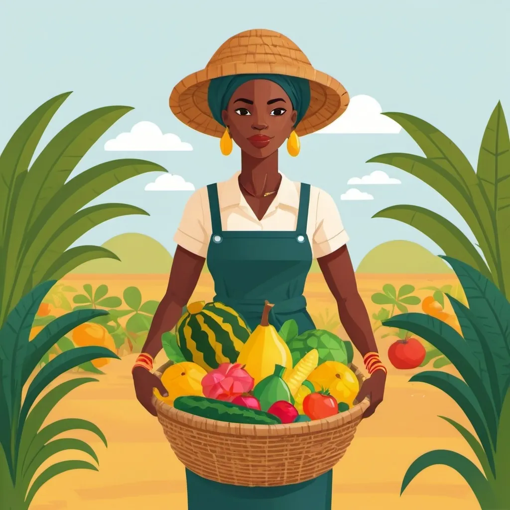 Prompt: Flat illustration of African woman farmer carrying basket of tropical fruits and vegetables 