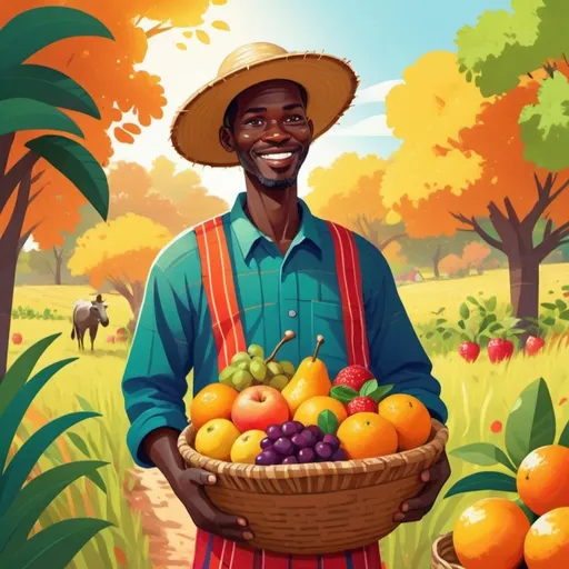 Prompt: Flat illustration of African farmer holding basket of fruits 