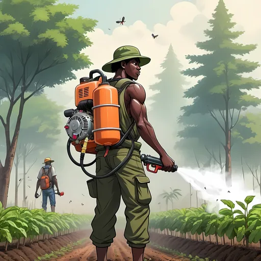 Prompt: anime African Rambo using agricultural insecticide petrol engine backpack mist blower in a tree farm