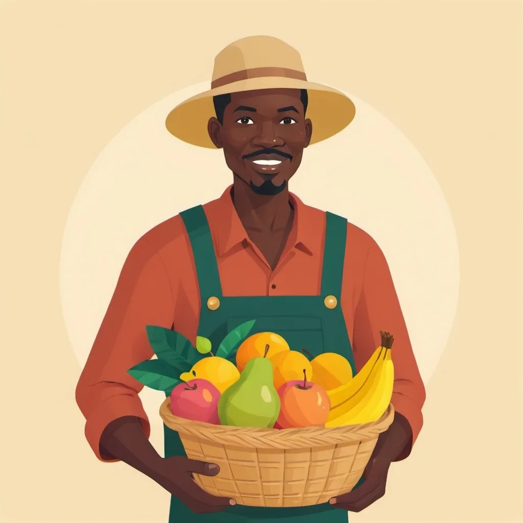 Prompt: Flat illustration of African farmer holding basket of fruits 