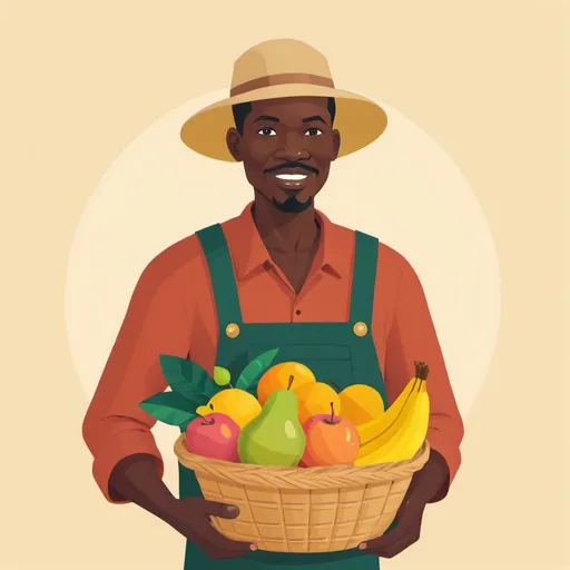 Prompt: Flat illustration of African farmer holding basket of fruits 