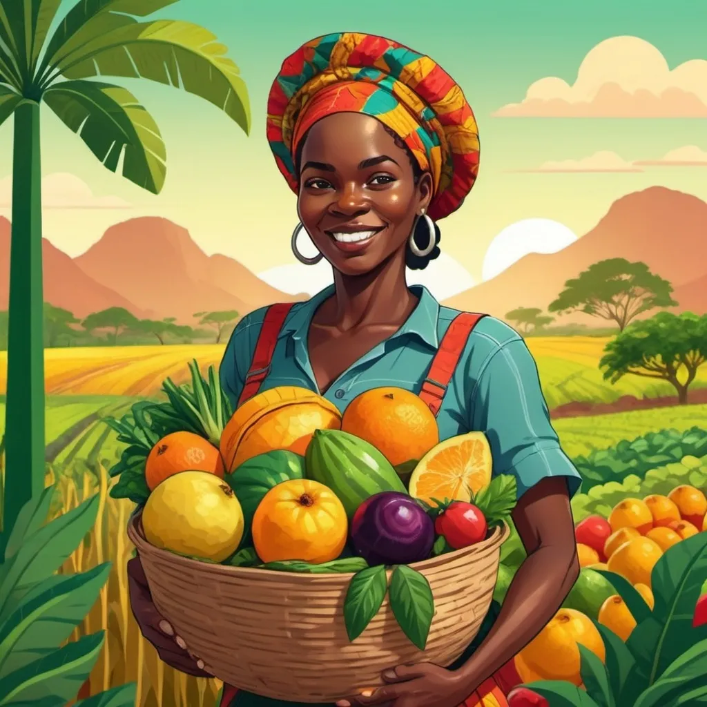 Prompt: Flat illustration of African woman farmer carrying basket of tropical fruits and vegetables 