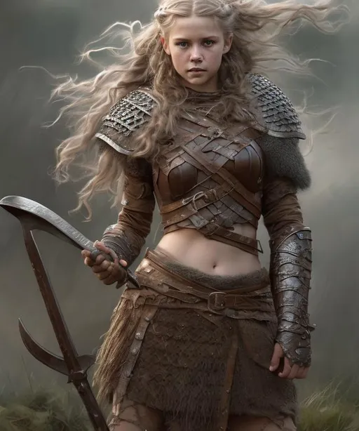 Prompt: High-resolution hyper realistic painting of medieval fantasy viking girl 
highly detailed, long curly 
hair, skirt, fullbody, tight, uhd, hdr, 64k, epic scene, sharp edges, wearing armor, expressive amused lips. Clean. Intricate detailes. Posing with weapons 