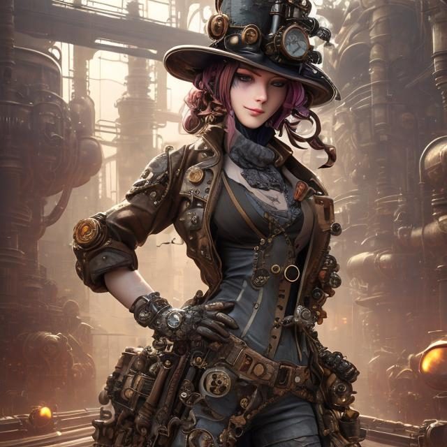 Prompt: steampunk female machinist, mechanical, excited, skirt, symmetrical, perfect composition, hyperrealistic, super detailed, 8k, high quality, Splash art, front, epic Instagram, artstation, hyperdetailed intricately detailed, unreal engine, intricate detail, splash screen, complementary colors, concept art, 8k, heavy strokes, splash arts, full height, full body focus,