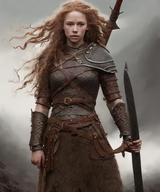 Prompt: High-resolution hyper realistic painting of medieval fantasy viking girl 
highly detailed, long red curly 
hair, skirt, fullbody, tight, uhd, hdr, 64k, epic scene, sharp edges, wearing armor, expressive amused lips. Clean. Intricate detailes. Posing with weapons 