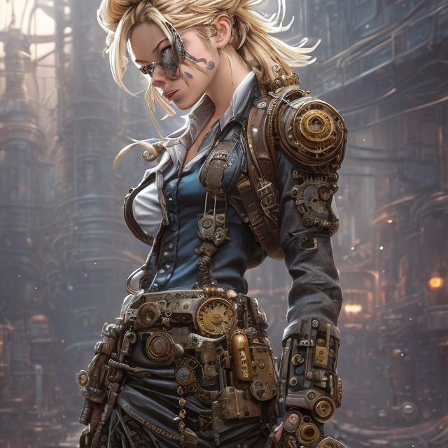 Prompt: steampunk blond 
female machinist, mechanical, excited, skirt, symmetrical, perfect composition, hyperrealistic, super detailed, 8k, high quality, Splash art, front, epic Instagram, artstation, hyperdetailed intricately detailed, unreal engine, intricate detail, splash screen, complementary colors, concept art, 8k, heavy strokes, splash arts, full height, full body focus,