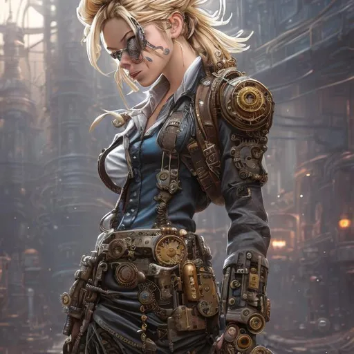 Prompt: steampunk blond 
female machinist, mechanical, excited, skirt, symmetrical, perfect composition, hyperrealistic, super detailed, 8k, high quality, Splash art, front, epic Instagram, artstation, hyperdetailed intricately detailed, unreal engine, intricate detail, splash screen, complementary colors, concept art, 8k, heavy strokes, splash arts, full height, full body focus,