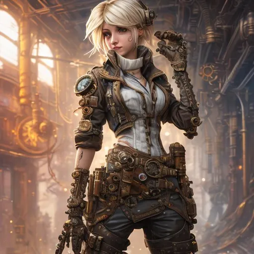 Prompt: steampunk blond 
female machinist, mechanical, excited, skirt, symmetrical, perfect composition, hyperrealistic, super detailed, 8k, high quality, Splash art, front, epic Instagram, artstation, hyperdetailed intricately detailed, unreal engine, intricate detail, splash screen, complementary colors, concept art, 8k, heavy strokes, splash arts, full height, full body focus,