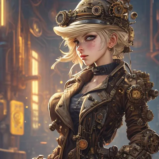 Prompt: steampunk blond female machinist, mechanical, excited, skirt, symmetrical, perfect composition, hyperrealistic, super detailed, 8k, high quality, Splash art, front, epic Instagram, artstation, hyperdetailed intricately detailed, unreal engine, intricate detail, splash screen, complementary colors, concept art, 8k, heavy strokes, splash arts, full height, full body focus,
