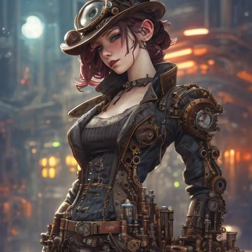 Prompt: steampunk female machinist, mechanical, excited, skirt, symmetrical, perfect composition, hyperrealistic, super detailed, 8k, high quality, Splash art, front, epic Instagram, artstation, hyperdetailed intricately detailed, unreal engine, intricate detail, splash screen, complementary colors, concept art, 8k, heavy strokes, splash arts, full height, full body focus,