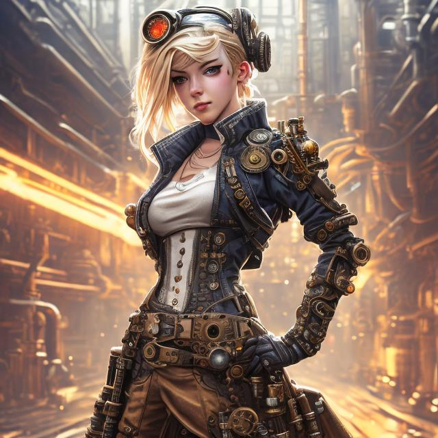 Prompt: steampunk blond 
female machinist, mechanical, excited, skirt, symmetrical, perfect composition, hyperrealistic, super detailed, 8k, high quality, Splash art, front, epic Instagram, artstation, hyperdetailed intricately detailed, unreal engine, intricate detail, splash screen, complementary colors, concept art, 8k, heavy strokes, splash arts, full height, full body focus,