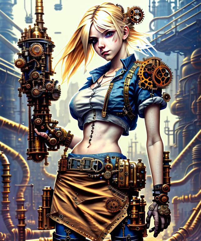 Prompt: steampunk blond female machinist, mechanical, excited, skirt, symmetrical, perfect composition, hyperrealistic, super detailed, 8k, high quality, Splash art, front, epic Instagram, artstation, hyperdetailed intricately detailed, unreal engine, intricate detail, splash screen, complementary colors, concept art, 8k, heavy strokes, splash arts, full height, full body focus,