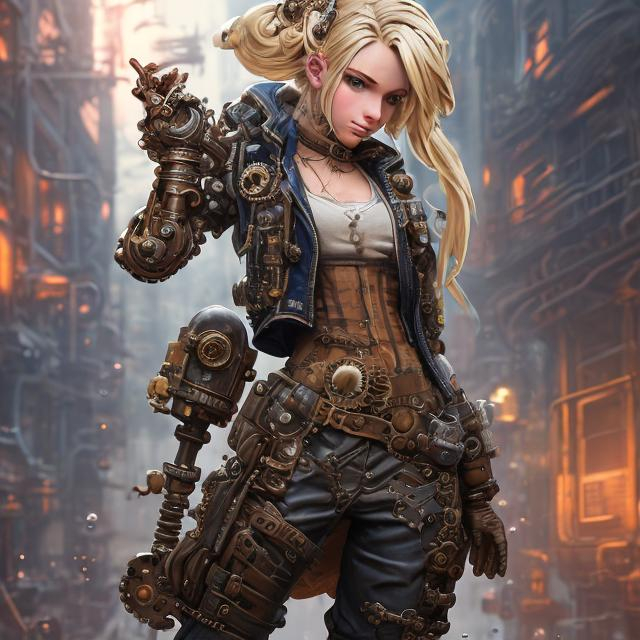 Prompt: steampunk blond 
female machinist, mechanical, excited, skirt, symmetrical, perfect composition, hyperrealistic, super detailed, 8k, high quality, Splash art, front, epic Instagram, artstation, hyperdetailed intricately detailed, unreal engine, intricate detail, splash screen, complementary colors, concept art, 8k, heavy strokes, splash arts, full height, full body focus,