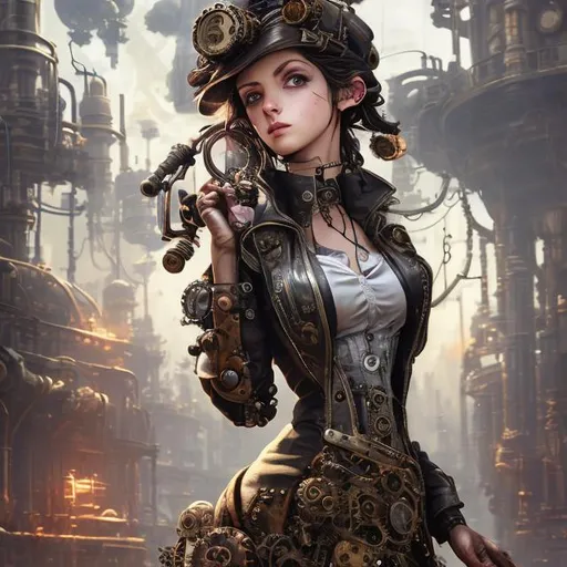 Prompt: steampunk read hair female machinist, mechanical, excited, skirt, symmetrical, perfect composition, hyperrealistic, super detailed, 8k, high quality, Splash art, front, epic Instagram, artstation, hyperdetailed intricately detailed, unreal engine, intricate detail, splash screen, complementary colors, concept art, 8k, heavy strokes, splash arts, full height, full body focus,