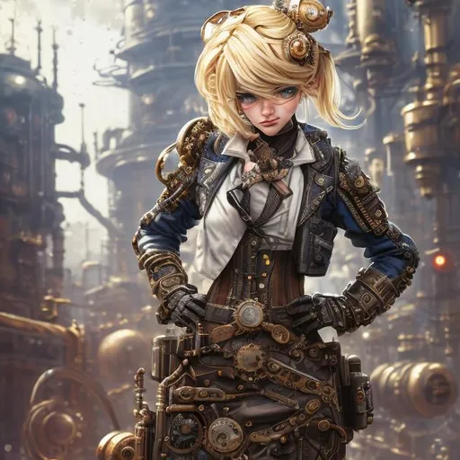 Prompt: steampunk blond 
female machinist, mechanical, excited, skirt, symmetrical, perfect composition, hyperrealistic, super detailed, 8k, high quality, Splash art, front, epic Instagram, artstation, hyperdetailed intricately detailed, unreal engine, intricate detail, splash screen, complementary colors, concept art, 8k, heavy strokes, splash arts, full height, full body focus,