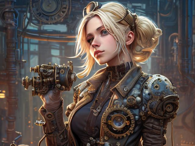 Prompt: steampunk blond female machinist, mechanical, excited, skirt, symmetrical, perfect composition, hyperrealistic, super detailed, 8k, high quality, Splash art, front, epic Instagram, artstation, hyperdetailed intricately detailed, unreal engine, intricate detail, splash screen, complementary colors, concept art, 8k, heavy strokes, splash arts, full height, full body focus,