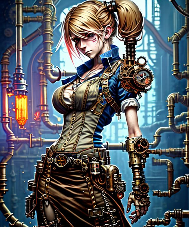 Prompt: steampunk gothic blond female machinist, mechanical, excited, skirt, symmetrical, perfect composition, hyperrealistic, super detailed, 8k, high quality, Splash art, front, epic Instagram, artstation, hyperdetailed intricately detailed, unreal engine, intricate detail, splash screen, complementary colors, concept art, 8k, heavy strokes, splash arts, full height, full body focus,