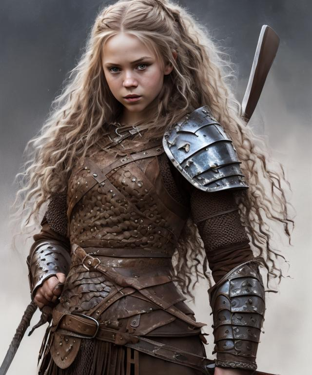 Prompt: High-resolution hyper realistic painting of medieval fantasy viking girl 
highly detailed, long curly 
hair, skirt, fullbody, tight, uhd, hdr, 64k, epic scene, sharp edges, wearing armor, expressive amused lips. Clean. Intricate detailes. Posing with weapons 