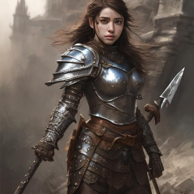 Prompt: High-resolution hyper realistic painting of medieval fantasy corean girlfriend, highly detailed, short hair, skirt, fullbody, tight, uhd, hdr, 64k, epic scene, sharp edges, wearing armor, expressive amused lips. Clean. Intricate detailes. Posing with weapons 