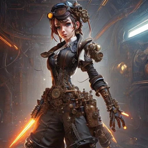 Prompt: steampunk female machinist, mechanical, excited, skirt, symmetrical, perfect composition, hyperrealistic, super detailed, 8k, high quality, Splash art, front, epic Instagram, artstation, hyperdetailed intricately detailed, unreal engine, intricate detail, splash screen, complementary colors, concept art, 8k, heavy strokes, splash arts, full height, full body focus,