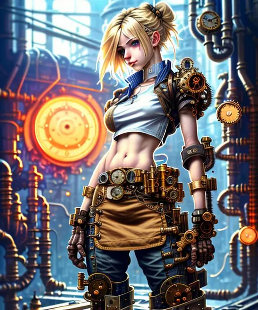 Prompt: steampunk blond female machinist, mechanical, excited, skirt, symmetrical, perfect composition, hyperrealistic, super detailed, 8k, high quality, Splash art, front, epic Instagram, artstation, hyperdetailed intricately detailed, unreal engine, intricate detail, splash screen, complementary colors, concept art, 8k, heavy strokes, splash arts, full height, full body focus,