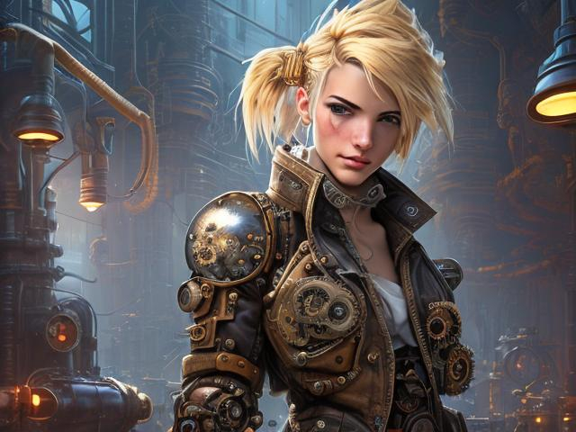 Prompt: steampunk blond female machinist, mechanical, excited, skirt, symmetrical, perfect composition, hyperrealistic, super detailed, 8k, high quality, Splash art, front, epic Instagram, artstation, hyperdetailed intricately detailed, unreal engine, intricate detail, splash screen, complementary colors, concept art, 8k, heavy strokes, splash arts, full height, full body focus,