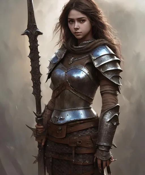 Prompt: High-resolution hyper realistic painting of medieval fantasy corean girlfriend, highly detailed, short hair, skirt, fullbody, tight, uhd, hdr, 64k, epic scene, sharp edges, wearing armor, expressive amused lips. Clean. Intricate detailes. Posing with weapons 