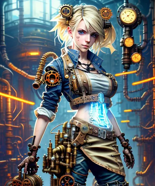 Prompt: steampunk blond female machinist, mechanical, excited, skirt, symmetrical, perfect composition, hyperrealistic, super detailed, 8k, high quality, Splash art, front, epic Instagram, artstation, hyperdetailed intricately detailed, unreal engine, intricate detail, splash screen, complementary colors, concept art, 8k, heavy strokes, splash arts, full height, full body focus,