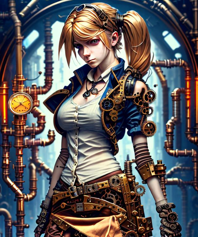 Prompt: steampunk gothic blond female machinist, mechanical, excited, skirt, symmetrical, perfect composition, hyperrealistic, super detailed, 8k, high quality, Splash art, front, epic Instagram, artstation, hyperdetailed intricately detailed, unreal engine, intricate detail, splash screen, complementary colors, concept art, 8k, heavy strokes, splash arts, full height, full body focus,