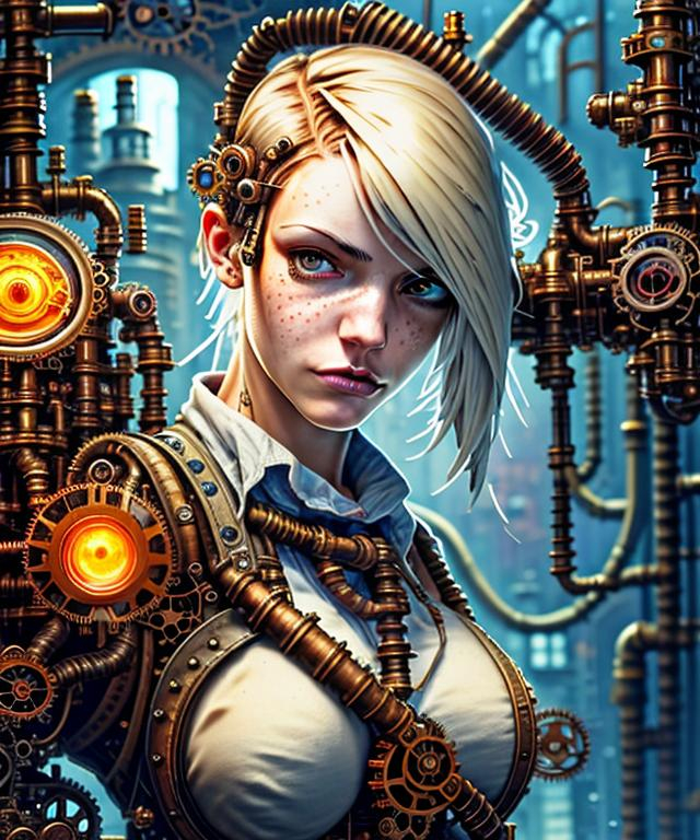 Prompt: steampunk gothic blond female machinist, mechanical, excited, skirt, symmetrical, perfect composition, hyperrealistic, super detailed, 8k, high quality, Splash art, front, epic Instagram, artstation, hyperdetailed intricately detailed, unreal engine, intricate detail, splash screen, complementary colors, concept art, 8k, heavy strokes, splash arts, full height, full body focus,