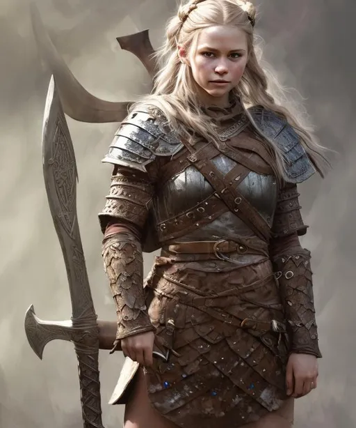 Prompt: High-resolution hyper realistic painting of medieval fantasy viking girl 
highly detailed, short hair, skirt, fullbody, tight, uhd, hdr, 64k, epic scene, sharp edges, wearing armor, expressive amused lips. Clean. Intricate detailes. Posing with weapons 
