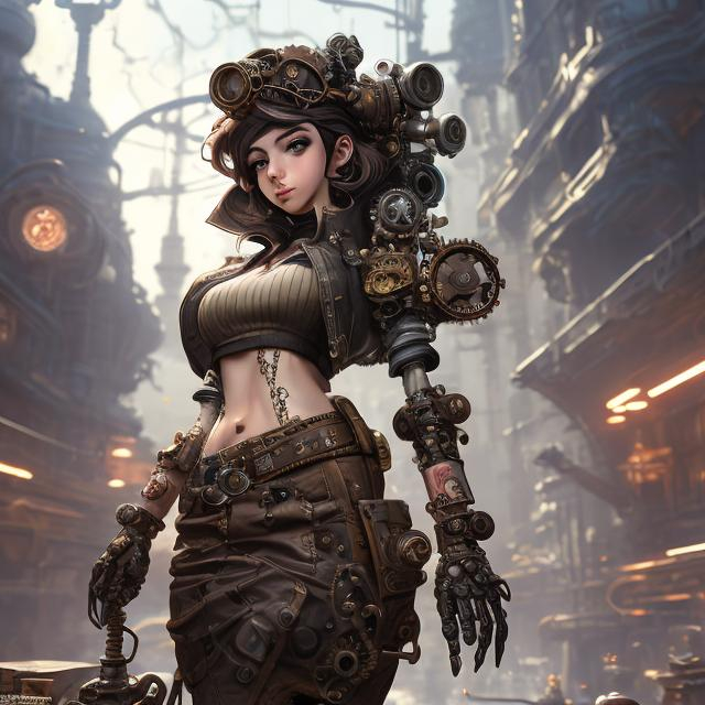 Prompt: steampunk female machinist, mechanical, excited, skirt, symmetrical, perfect composition, hyperrealistic, super detailed, 8k, high quality, Splash art, front, epic Instagram, artstation, hyperdetailed intricately detailed, unreal engine, intricate detail, splash screen, complementary colors, concept art, 8k, heavy strokes, splash arts, full height, full body focus,