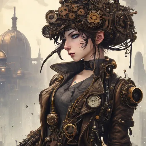 Prompt: steampunk read hair female machinist, mechanical, excited, skirt, symmetrical, perfect composition, hyperrealistic, super detailed, 8k, high quality, Splash art, front, epic Instagram, artstation, hyperdetailed intricately detailed, unreal engine, intricate detail, splash screen, complementary colors, concept art, 8k, heavy strokes, splash arts, full height, full body focus,