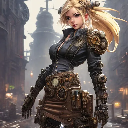 Prompt: steampunk blond female machinist, mechanical, excited, skirt, symmetrical, perfect composition, hyperrealistic, super detailed, 8k, high quality, Splash art, front, epic Instagram, artstation, hyperdetailed intricately detailed, unreal engine, intricate detail, splash screen, complementary colors, concept art, 8k, heavy strokes, splash arts, full height, full body focus,