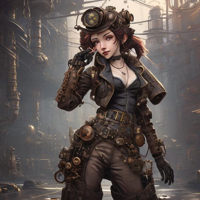 Prompt: steampunk female machinist, mechanical, excited, skirt, symmetrical, perfect composition, hyperrealistic, super detailed, 8k, high quality, Splash art, front, epic Instagram, artstation, hyperdetailed intricately detailed, unreal engine, intricate detail, splash screen, complementary colors, concept art, 8k, heavy strokes, splash arts, full height, full body focus,