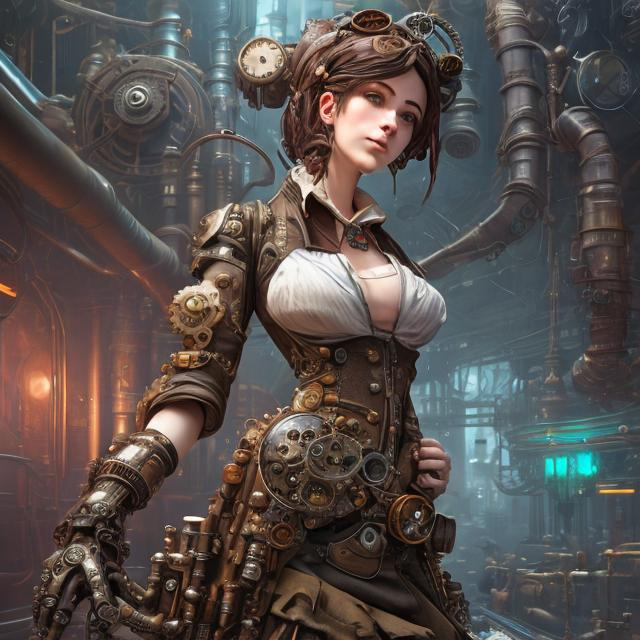 Prompt: steampunk female machinist, mechanical, excited, skirt, symmetrical, perfect composition, hyperrealistic, super detailed, 8k, high quality, Splash art, front, epic Instagram, artstation, hyperdetailed intricately detailed, unreal engine, intricate detail, splash screen, complementary colors, concept art, 8k, heavy strokes, splash arts, full height, full body focus,