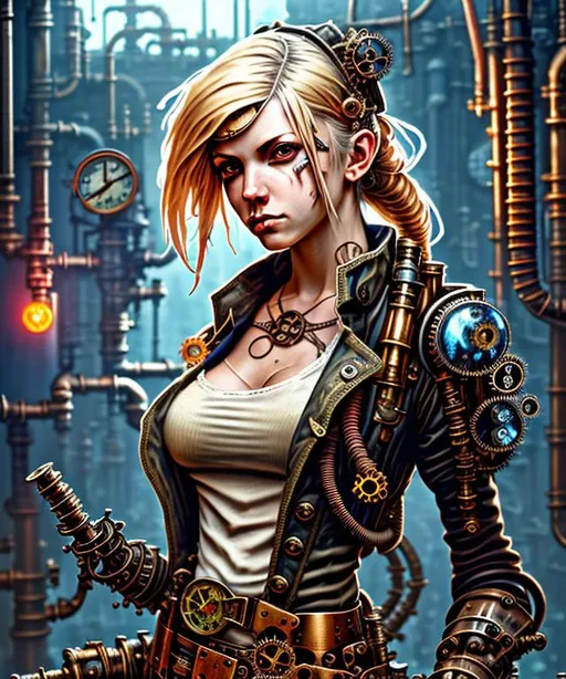 Prompt: steampunk gothic blond female machinist, mechanical, excited, skirt, symmetrical, perfect composition, hyperrealistic, super detailed, 8k, high quality, Splash art, front, epic Instagram, artstation, hyperdetailed intricately detailed, unreal engine, intricate detail, splash screen, complementary colors, concept art, 8k, heavy strokes, splash arts, full height, full body focus,