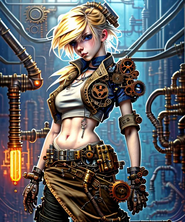 Prompt: steampunk blond female machinist, mechanical, excited, skirt, symmetrical, perfect composition, hyperrealistic, super detailed, 8k, high quality, Splash art, front, epic Instagram, artstation, hyperdetailed intricately detailed, unreal engine, intricate detail, splash screen, complementary colors, concept art, 8k, heavy strokes, splash arts, full height, full body focus,