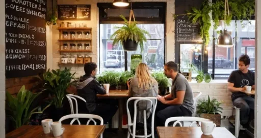Prompt: coffee shop similar to reference, facing window, plants hung on wall
