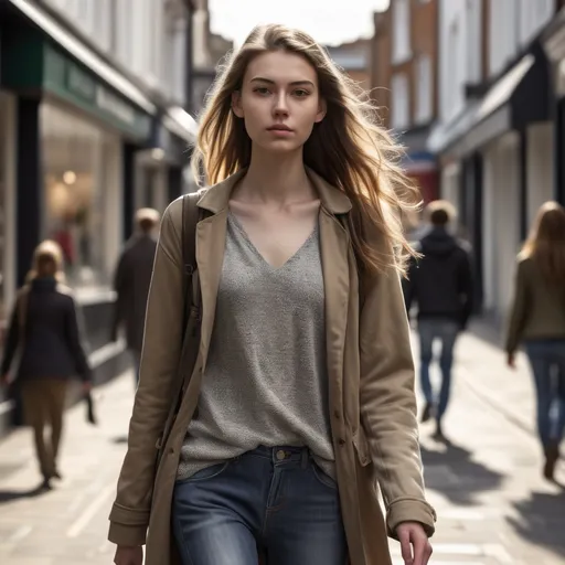 Prompt: Tall young woman walking down the high street, detailed clothing, realistic, natural lighting