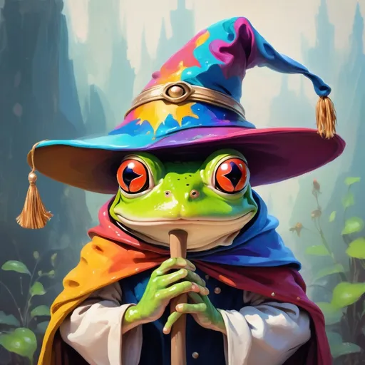 Prompt: Frog wearing a wizard hat, Picasso style,