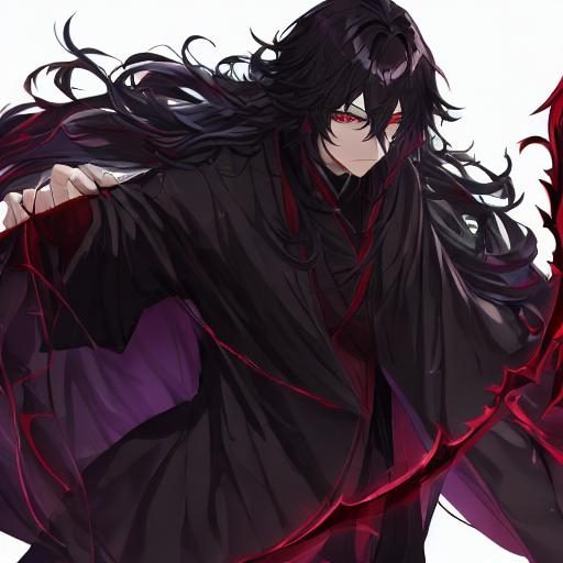 Prompt: Name of character Dark, wears dark robes and with a crimson color, male with some muscle, long black hair, shadowy eyes watching background, 